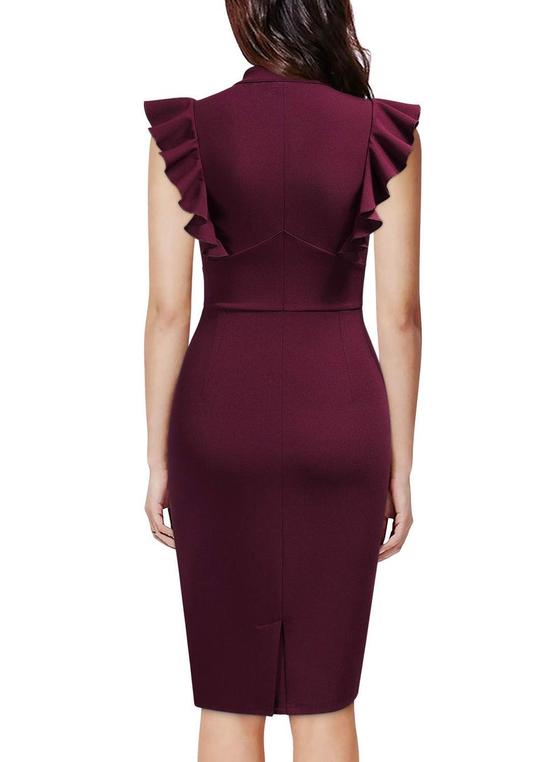 Knitee Women's Vintage Ruffle Sleeve V-Neck Bodycon Evening Party Cocktail Pencil Sheath Dress (Burgundy, Large) - Image 2